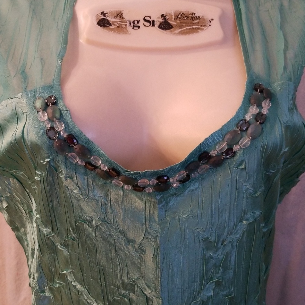 Komarov Teal Green Beaded Chiffon Dress Womens  L - Picture 4 of 8